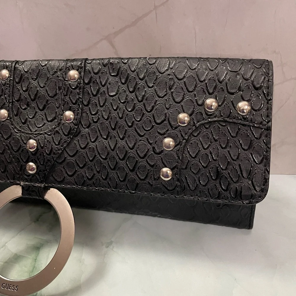 Guess Vintage Black Snake Skin Envelope Clutch Purse Y2K